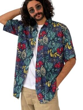 Vtg Burma Bibas 100% Silk Tropical Floral Button-Up Casual Colorful Shirt Sz L
